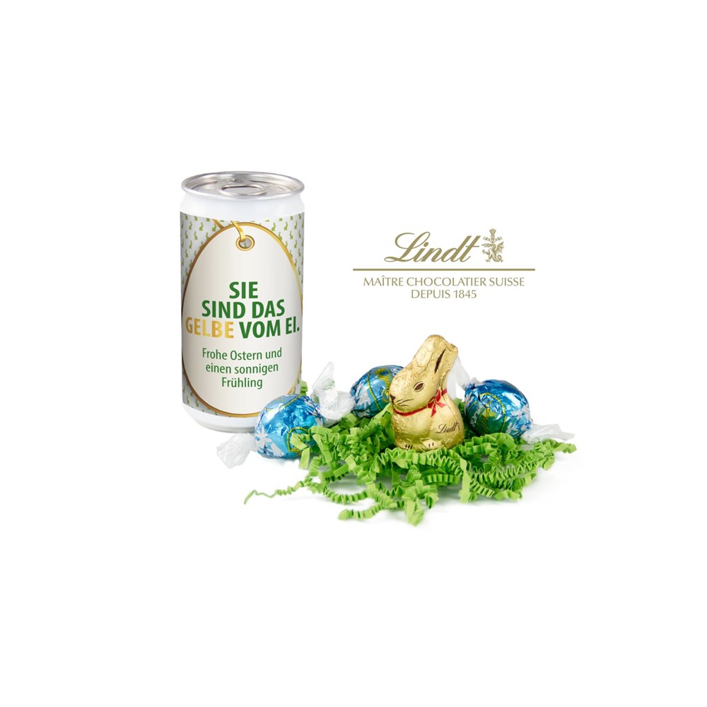 Lindt-Oster-Überraschung, Das Nest in der Dose - Etikett Sie sind das Gelbe vom Ei Lindt-Oster-Überraschung, Das Nest in der Dose - Etikett Sie sind das Gelbe vom Ei