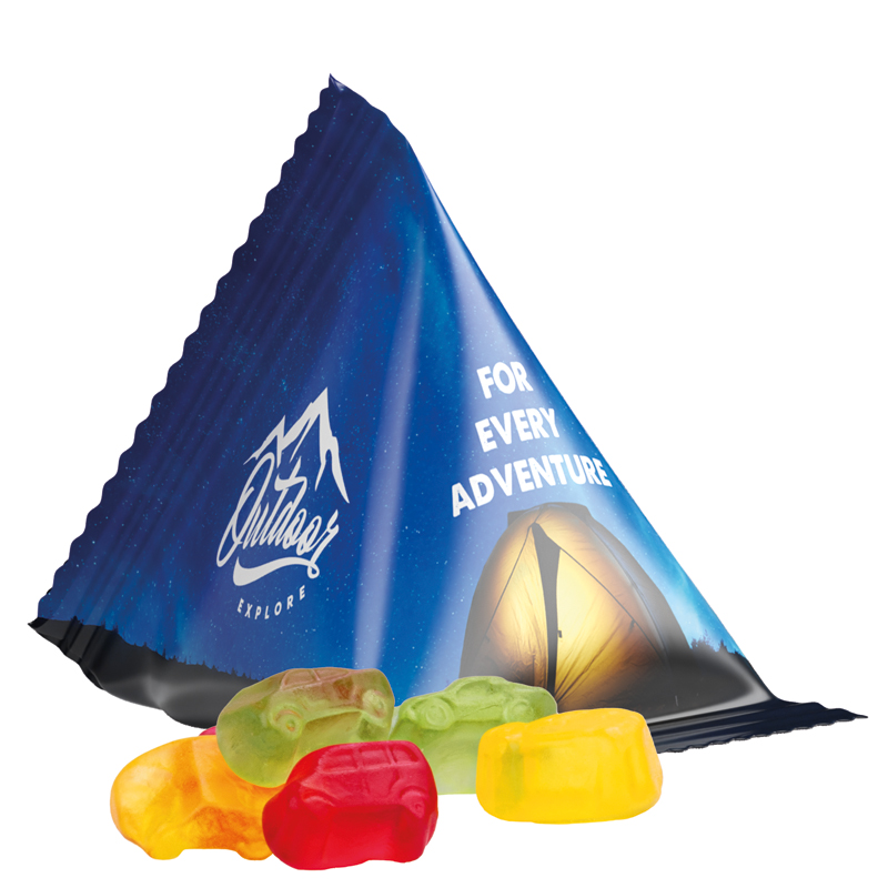 Fruchtgummi Tetraeder, weiße Folie, Trolli Fruchtgummi Auto-Mischung