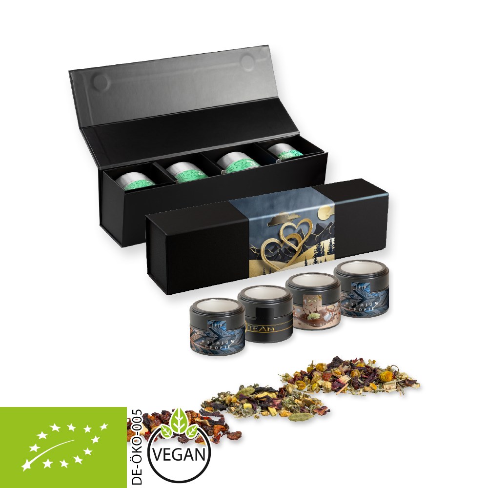 Verschiedene Teesorten, Bio und nicht-Bio, ca. 60-140g, Geschenk-Set Premium schwarz mit Magnetverschluss und 4 Metalldosen Mini mit Sichtfenster