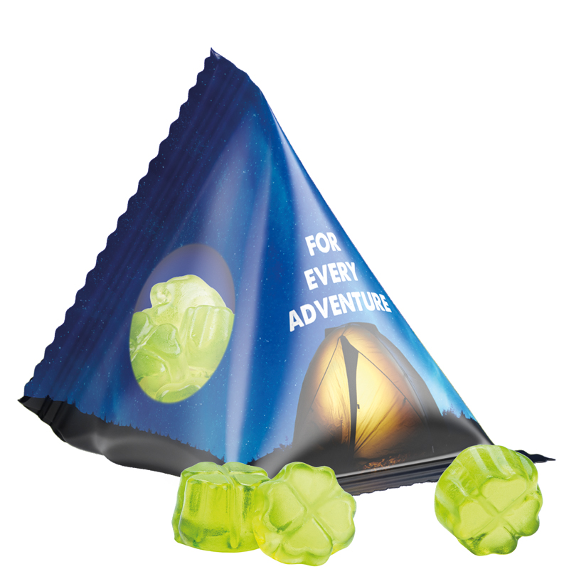 Fruchtgummi Tetraeder, weiße Folie, Trolli Fruchtgummi Auto-Mischung - Transparent