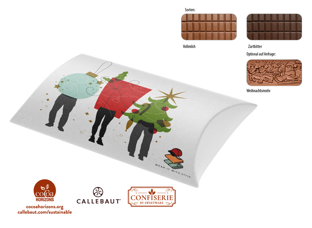 Schokolade 100 g Tafel in Kissenschachtel 1 Stück , Inhalt: Callebaut Vollmilch Schokolade Kalender
